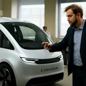 En man i kostym pekar på en futuristisk bil inomhus, med andra personer i bakgrunden.