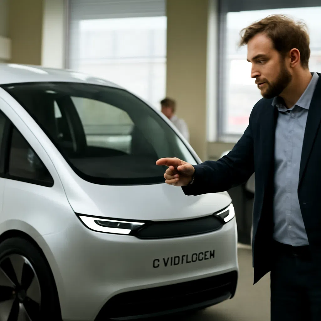 En man i kostym pekar på en futuristisk bil inomhus, med andra personer i bakgrunden.