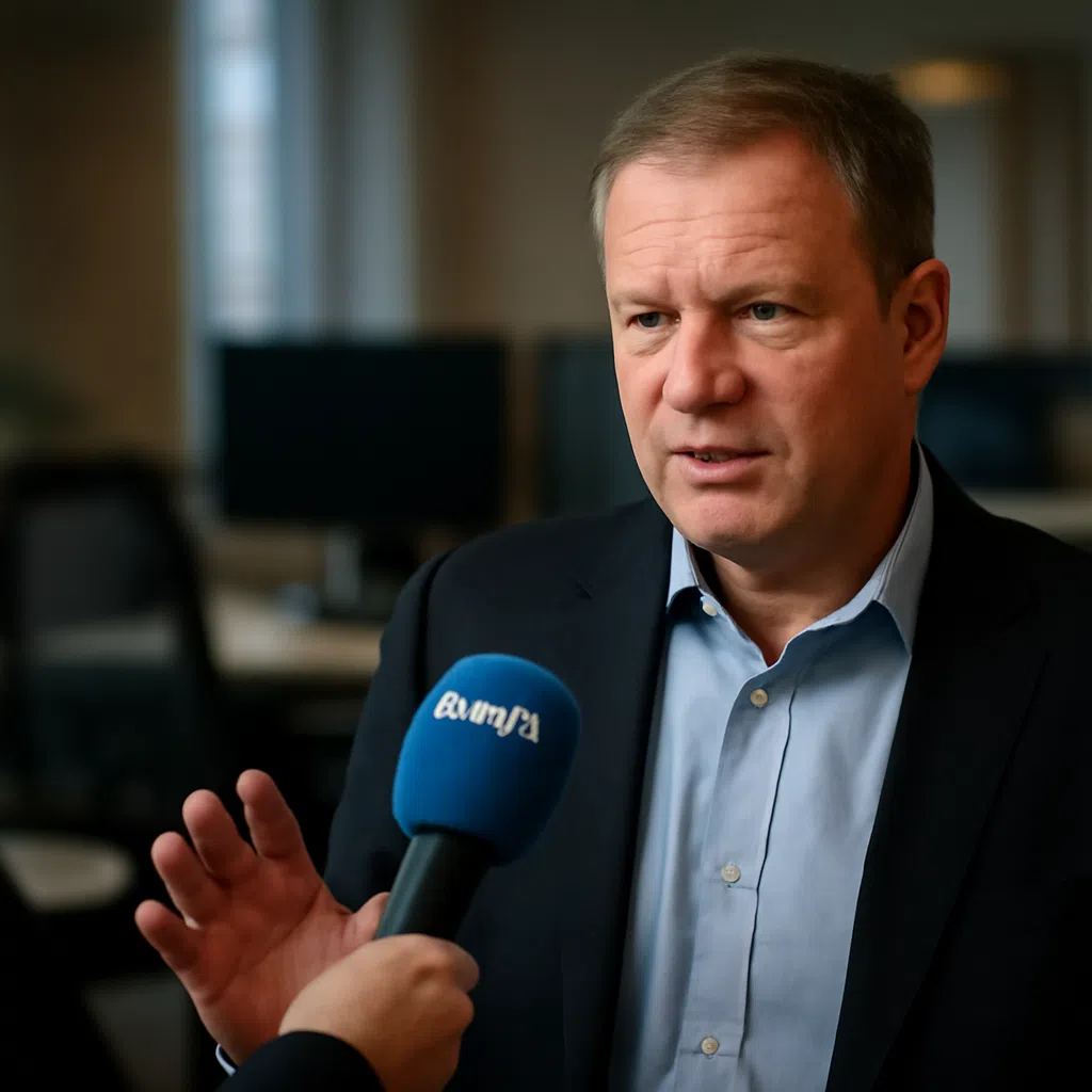 En man i kostym pratar med en mikrofon i en kontorsmiljö, med datorer i bakgrunden.
