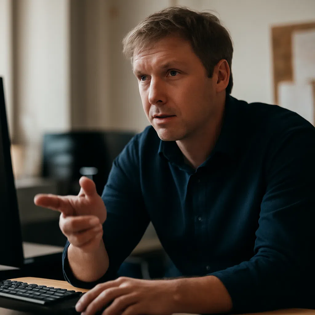En man i mörk skjorta sitter vid ett skrivbord och gestikulerar med handen, ser fokuserad ut.