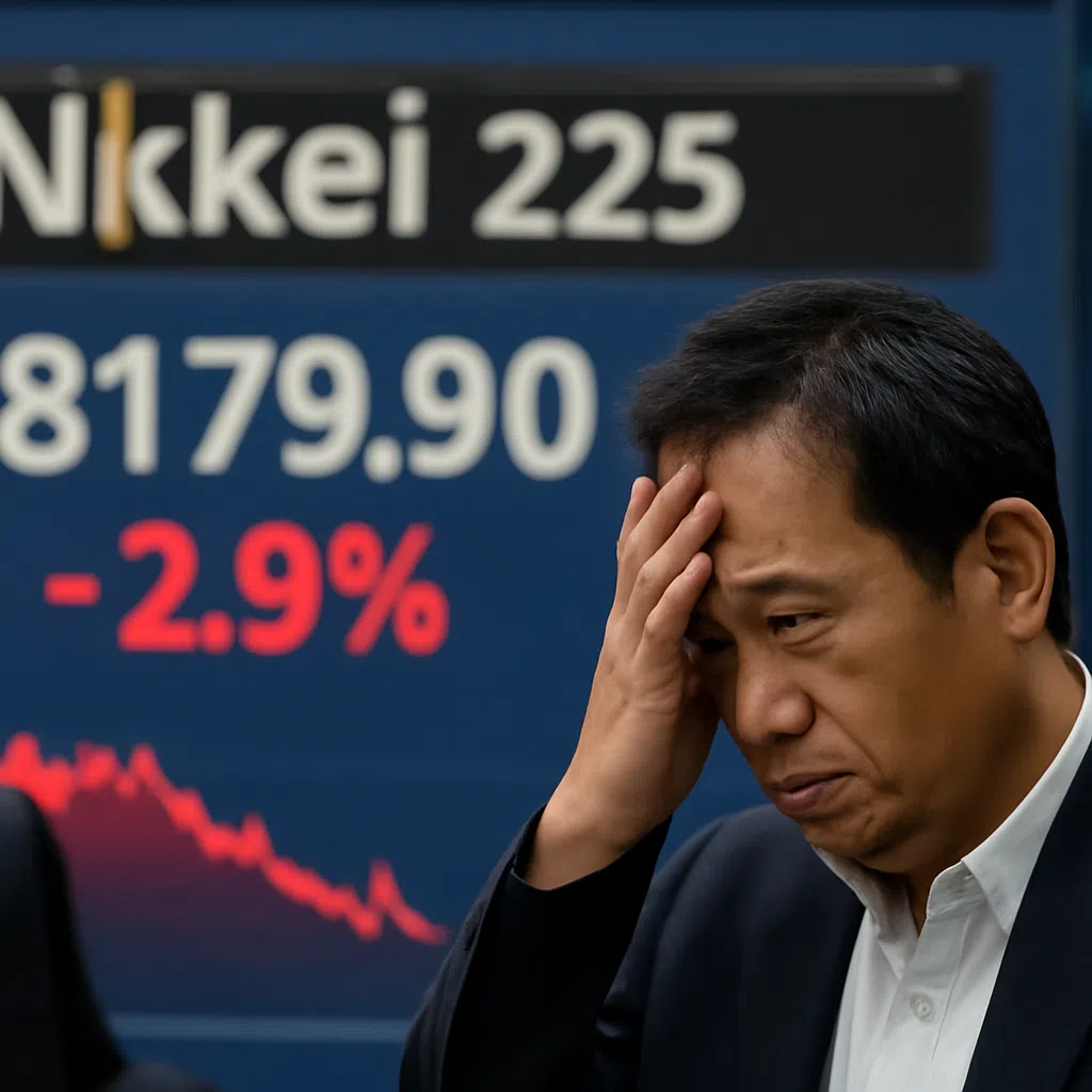 En man med bekymrad min står framför en stor skärm som visar Nikkei 225-indexet, som sjunker med 2,9 procent.