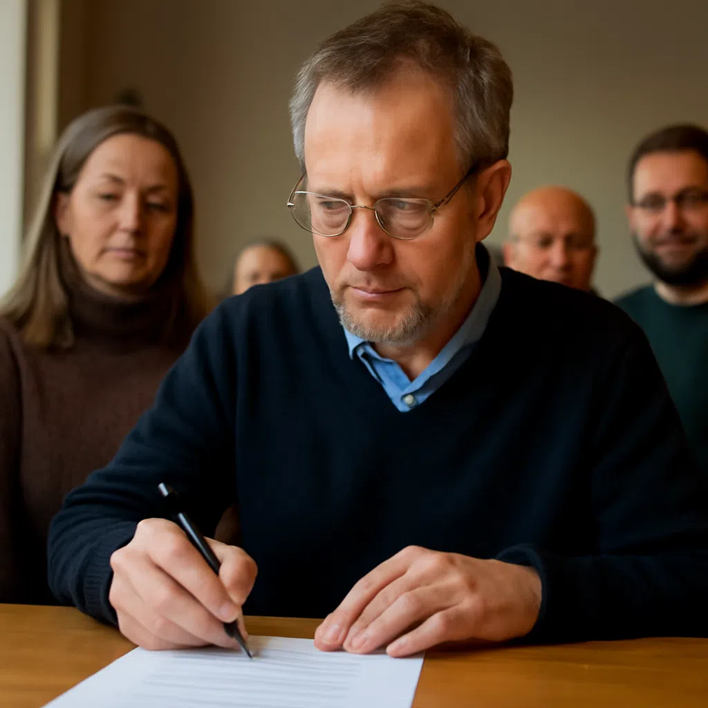 En man med glasögon skriver på ett papper vid ett bord, omgiven av flera personer som ser på.