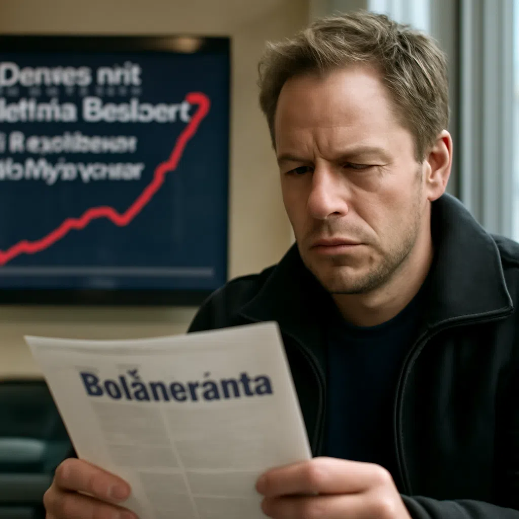 En man med kort hår och en svart jacka sitter i ett rum och läser en tidning med rubriken "Bolåneränta".