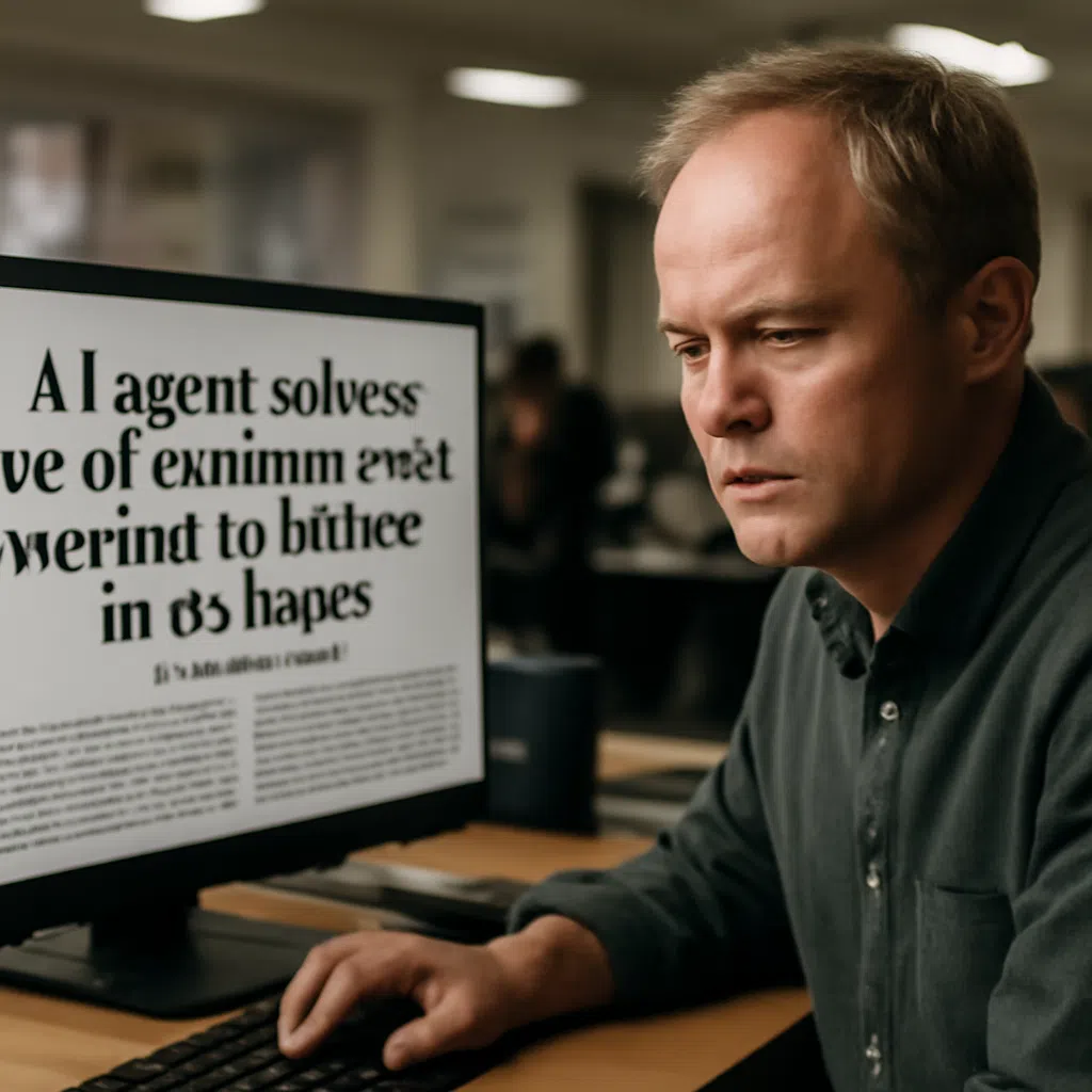 En man sitter vid en dator och läser en artikel med text om AI-agenter och matematik. Kontorsmiljö i bakgrunden.