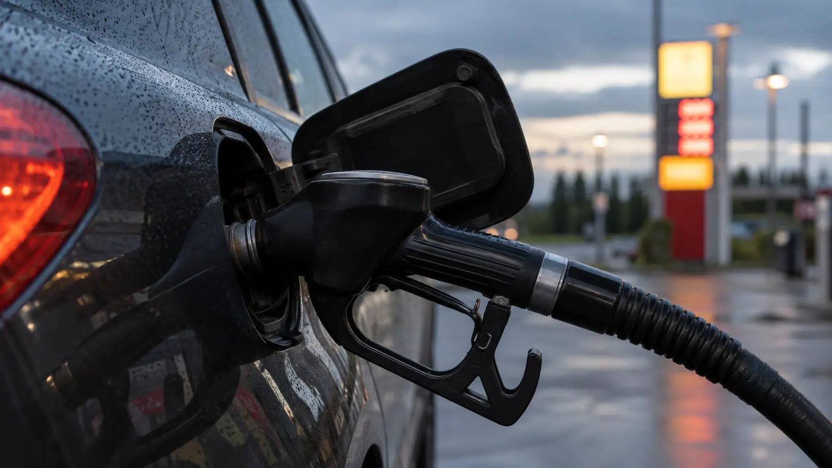 Närbild på en dieselmunstycke i en bil på en bensinstation i skymning, AI-genererad illustration