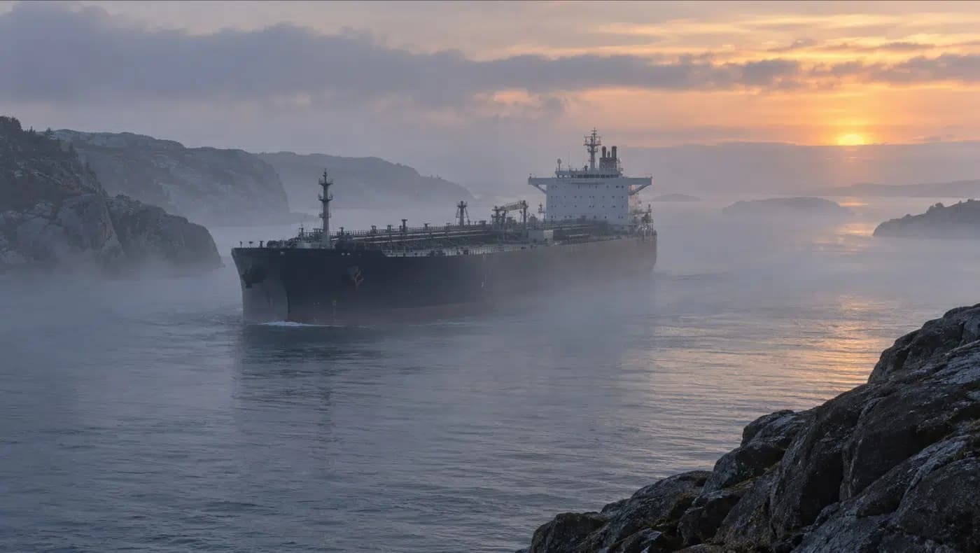 AI-genererad bild: oljetanker i dimma i ett smalt sund vid gryningen
