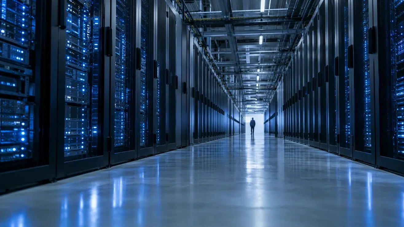 Korridor i ett datacenter med rader av upplysta serverrack och en person i silhuett längst bort.