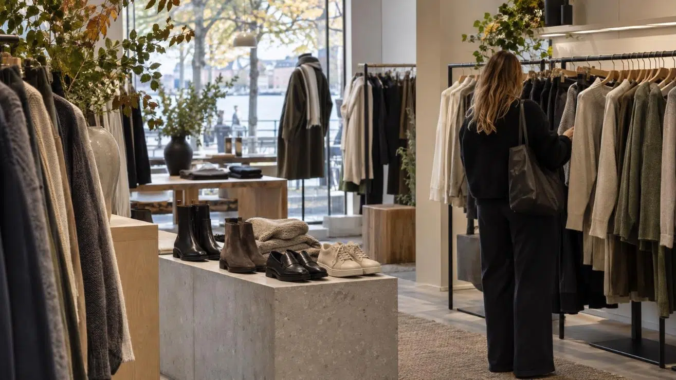 Interiör från en klädbutik med klädställ och en hylla med skor, en kund ses bakifrån.