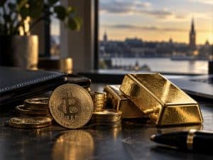 Kryptoägandet i Sverige: bitcoin, guld och kontanter på skrivbord