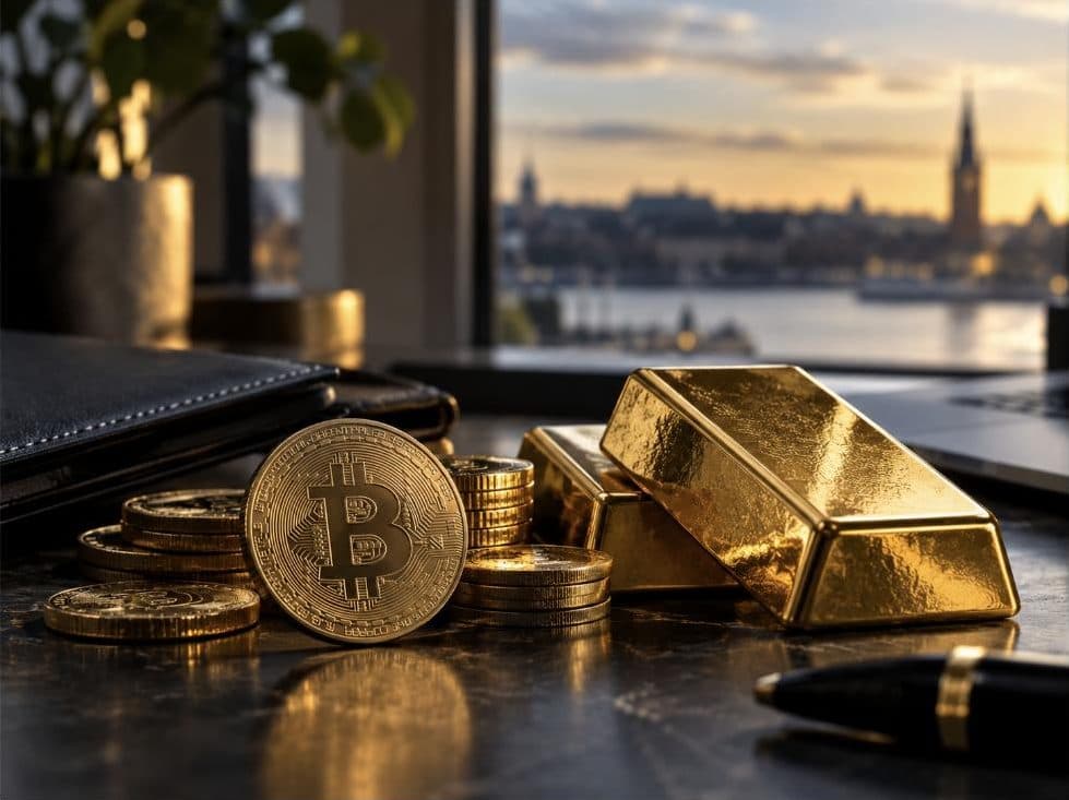 Kryptoägandet i Sverige: bitcoin, guld och kontanter på skrivbord
