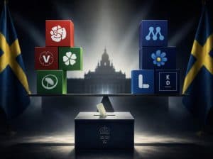 Novus mätning september 2026 – vågskål med partiernas symboler och en valurna framför riksdagshuset
