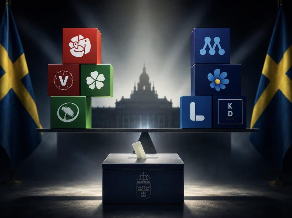 Novus mätning september 2026 – vågskål med partiernas symboler och en valurna framför riksdagshuset