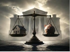 Pension mot bolånerabatt – vågskål med hus och pensionssymbol framför en bank