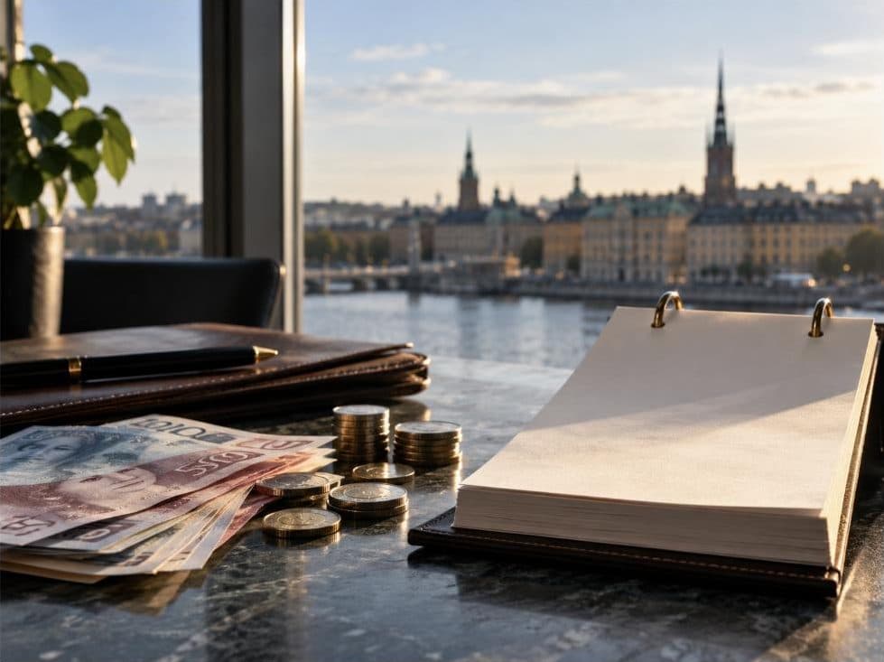 Riksbankens räntebesked: skrivbord med pengar och anteckningsbok