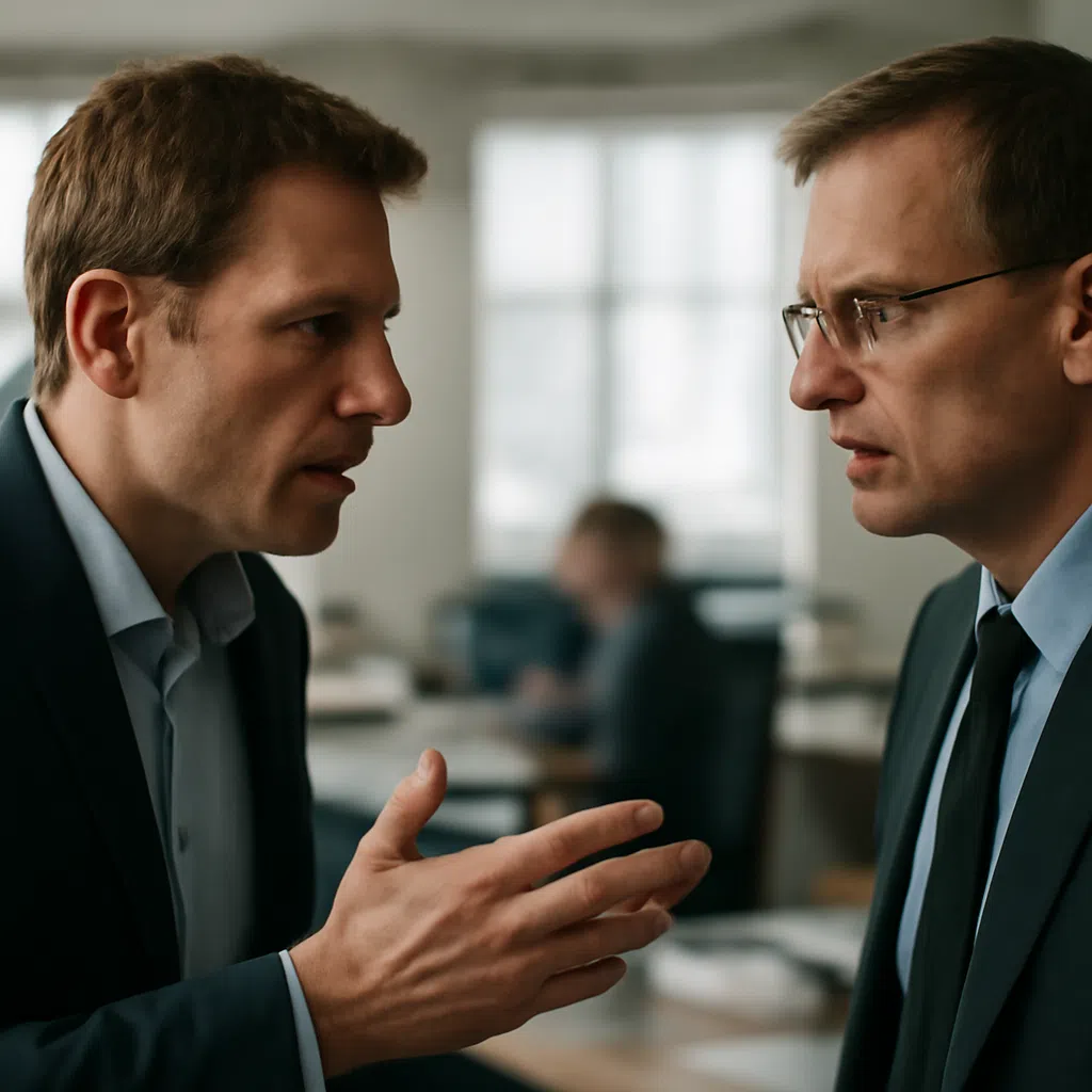 Två män i kostym diskuterar intensivt i ett kontorslandskap, med en osäker stämning.